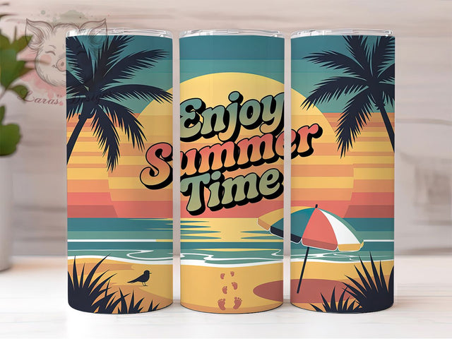 Enjoy Summer Time 20oz Tumbler, Enjoy Summer Time Phrase, Retro Art Beach Scene, Sublimation Tumbler Wrap, 20oz Tumbler, Fun Summer Gift, Vibrant Coastal Style Sublimation Lara' s Designs 