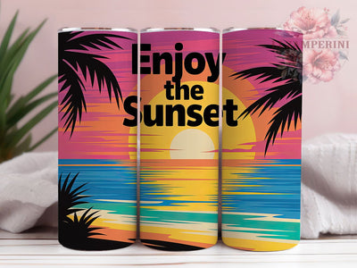 Enjoy The Sunset 20oz Tumbler, Enjoy The Sunset Quote, Vibrant Tropical Scene, Coastal Evening Illustration, Summer Paradise Vibes, Sublimation Tumbler Wrap, 20oz Tumbler Sublimation Li Zamperini 