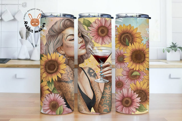 Espresso Martini 20oz Skinny Tattoo Girl Sunflowers Tumbler Wrap, Coffee Lover Tumbler, Alcohol Tumbler Sublimation design Sublimation Rabbitmakies 