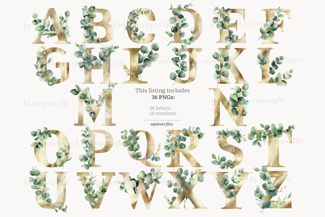 Eucalyptus Alphabet | Wedding Greenery Elegant Letters SVG GlamArtZhanna 