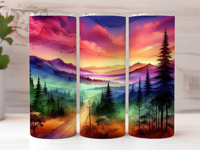 Evergreen Mountain Forest Tumbler, Mountain Birds Tumbler, Pink Sky 20oz Wrap, Sublimation Design, Stylish Gift Idea, Nature Forest Wrap, Scenic Landscape Tumbler Sublimation Lara' s Designs 