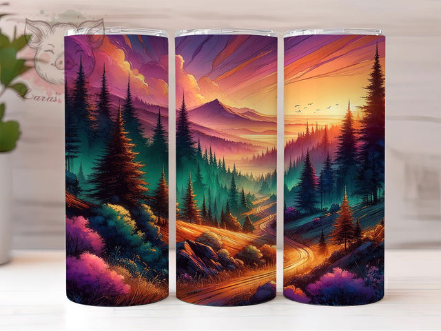 Evergreen Mountain Forest Tumbler, Mountain Birds Tumbler, Pink Sky 20oz Wrap, Sublimation Design, Stylish Gift Idea, Nature Forest Wrap, Scenic Landscape Tumbler Sublimation Lara' s Designs 