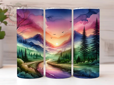Evergreen Mountain Forest Tumbler, Mountain Birds Tumbler, Pink Sky 20oz Wrap, Sublimation Design, Stylish Gift Idea, Nature Forest Wrap, Scenic Landscape Tumbler Sublimation Lara' s Designs 