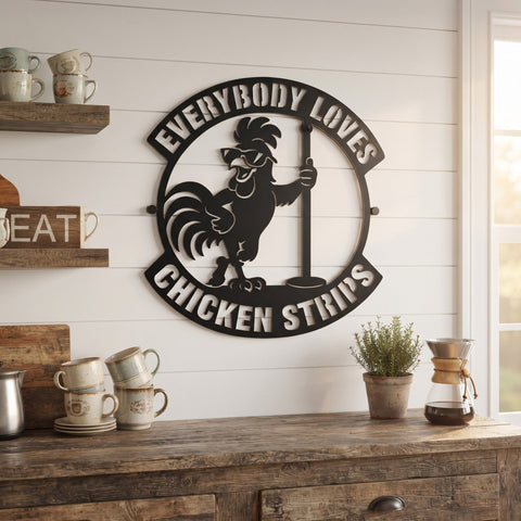 Everybody Loves Chicken Strips Laser SVG | Funny Chicken Coop Sign DXF | Rooster Metal Wall Art | Farm Humor CNC Plasma Cut File SVG HappyDesignStudio 