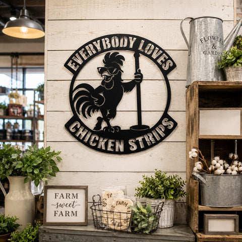 Everybody Loves Chicken Strips Laser SVG | Funny Chicken Coop Sign DXF | Rooster Metal Wall Art | Farm Humor CNC Plasma Cut File SVG HappyDesignStudio 