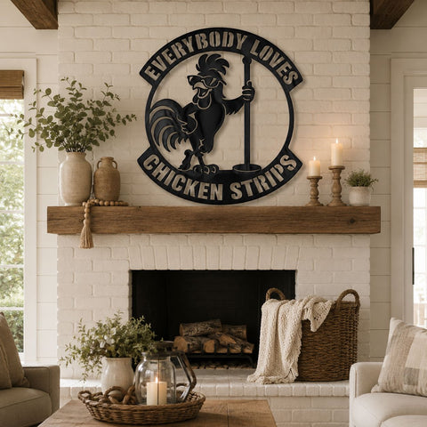 Everybody Loves Chicken Strips Laser SVG | Funny Chicken Coop Sign DXF | Rooster Metal Wall Art | Farm Humor CNC Plasma Cut File SVG HappyDesignStudio 
