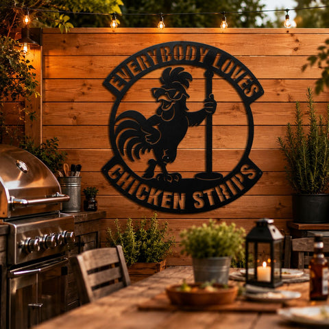 Everybody Loves Chicken Strips Laser SVG | Funny Chicken Coop Sign DXF | Rooster Metal Wall Art | Farm Humor CNC Plasma Cut File SVG HappyDesignStudio 