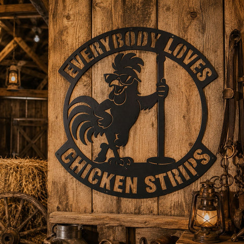 Everybody Loves Chicken Strips Laser SVG | Funny Chicken Coop Sign DXF | Rooster Metal Wall Art | Farm Humor CNC Plasma Cut File SVG HappyDesignStudio 