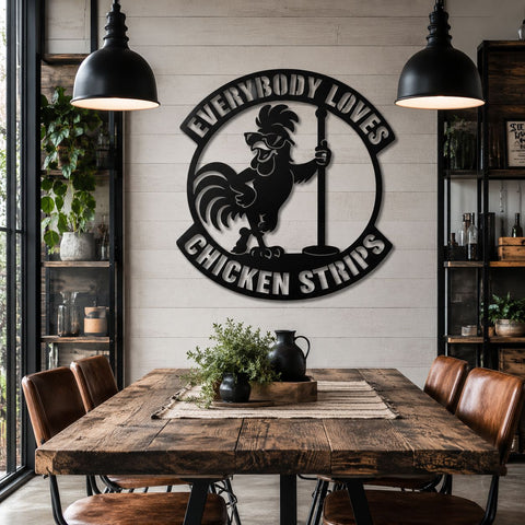 Everybody Loves Chicken Strips Laser SVG | Funny Chicken Coop Sign DXF | Rooster Metal Wall Art | Farm Humor CNC Plasma Cut File SVG HappyDesignStudio 