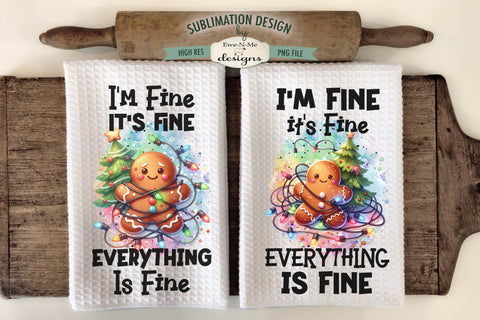 Everything Is Fine Gingerbread with Lights Kitchen Towel Sublimation Sublimation Ewe-N-Me Designs 