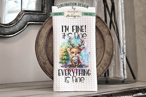 Everything Is Fine Reindeer Tangled In Lights Kitchen Towel Sublimation Sublimation Ewe-N-Me Designs 