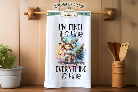 Everything Is Fine Reindeer Tangled In Lights Kitchen Towel Sublimation Sublimation Ewe-N-Me Designs 