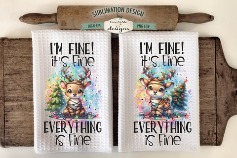 Everything Is Fine Reindeer Tangled In Lights Kitchen Towel Sublimation Sublimation Ewe-N-Me Designs 