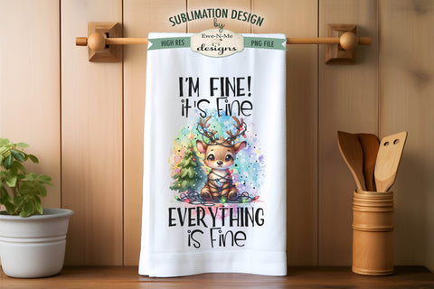 Everything Is Fine Reindeer Tangled In Lights Kitchen Towel Sublimation Sublimation Ewe-N-Me Designs 