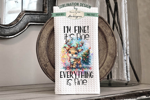 Everything Is Fine Reindeer Tangled In Lights Kitchen Towel Sublimation Sublimation Ewe-N-Me Designs 