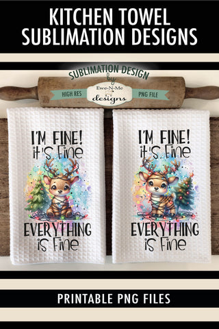 Everything Is Fine Reindeer Tangled In Lights Kitchen Towel Sublimation Sublimation Ewe-N-Me Designs 