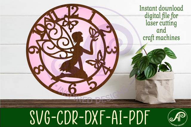 Fairy and butterflies wall clock laser cut files SVG APInspireddesigns 