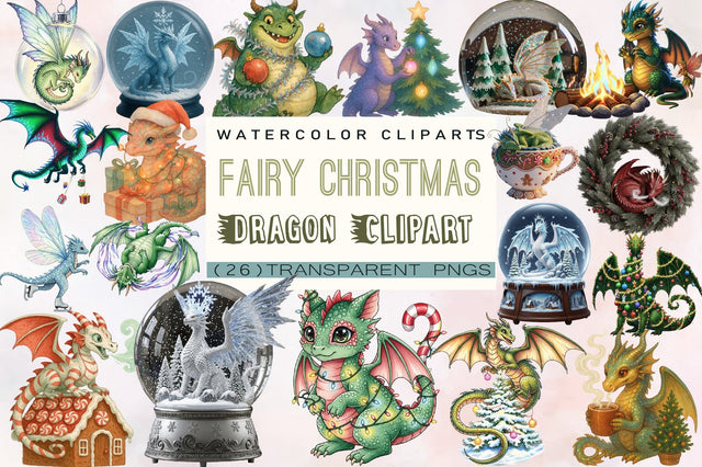 Fairy Christmas Dragon Clipart Bundle. Sublimation SVGArt 