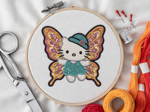 Fairy Embroidery Design, Cute Butterfly Kitten with Floral Pink Wings, Teal Hat, Machine Embroidery Pattern Embroidery/Applique DESIGNS DesignDestine 