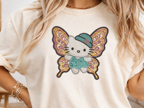 Fairy Embroidery Design, Cute Butterfly Kitten with Floral Pink Wings, Teal Hat, Machine Embroidery Pattern Embroidery/Applique DESIGNS DesignDestine 