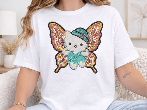 Fairy Embroidery Design, Cute Butterfly Kitten with Floral Pink Wings, Teal Hat, Machine Embroidery Pattern Embroidery/Applique DESIGNS DesignDestine 
