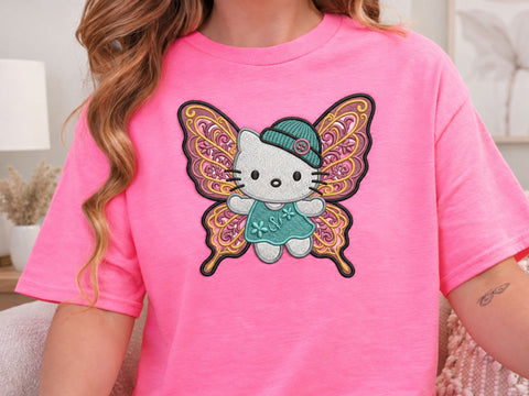 Fairy Embroidery Design, Cute Butterfly Kitten with Floral Pink Wings, Teal Hat, Machine Embroidery Pattern Embroidery/Applique DESIGNS DesignDestine 