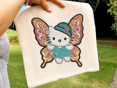 Fairy Embroidery Design, Cute Butterfly Kitten with Floral Pink Wings, Teal Hat, Machine Embroidery Pattern Embroidery/Applique DESIGNS DesignDestine 