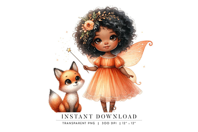 Fairy Girl and Fox PNG, Cute Afro Fairy Clipart Sublimation BijouBay 
