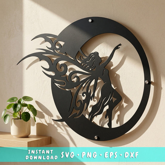 Fairy Metal Wall Art SVG | Plasma Cut Fairy Design | CNC Laser Cut File | Fantasy Fairy Silhouette Moon DXF Png Eps SVG HappyDesignStudio 