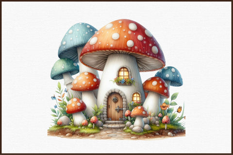 Fairy Mushroom House Watercolor Clipart Sublimation designartist 