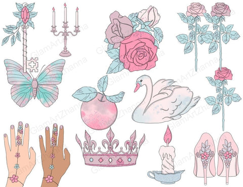 Fairy Tale CLIPART Cute Princess Illustration Stickers - PNG SVG GlamArtZhanna 