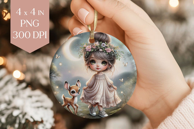 Fairy Tale Girl and Deer Ornament PNG Sublimation BijouBay 