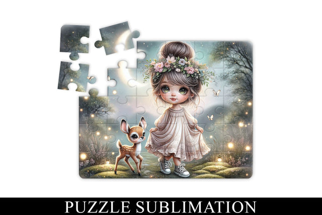 Fairy Tale Girl and Deer Puzzle Sublimation PNG Sublimation BijouBay 