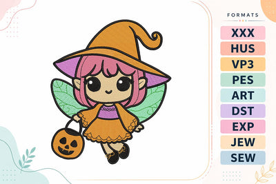 Fairy Witch Girl with Pumpkin Bucket Halloween Embroidery Design Embroidery/Applique DESIGNS sg embroidery 