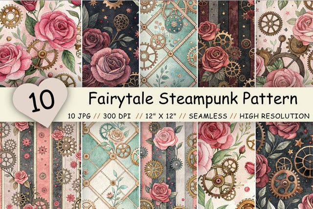 Fairytale Steampunk Digital Pattern, Seamless Watercolor Bundle Pack, Printable Scrapbook Paper, Victorian Rose Design Collection Digital Pattern FloridPrintables 