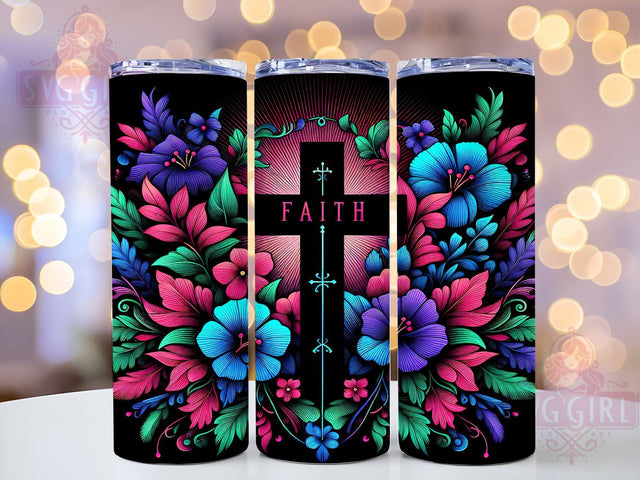 Faith Cross Tumbler, Flower Sublimation Wrap, 20oz Religious Drinkware, Inspirational Tumbler Design, Christian Art, Digital Download, Faith-Based Tumbler Sublimation SvggirlplusArt 