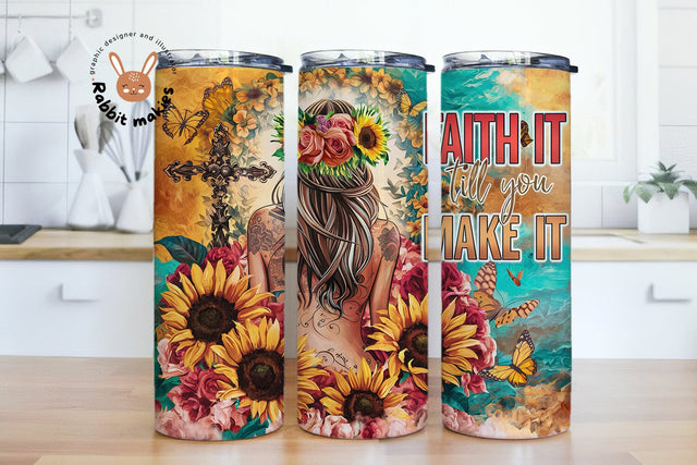 Faith Jesus Christ 20oz Skinny Floral Tumbler Wrap, Christian Tumbler Sunflowers Design, Bible Verse PNG, Tattoo Girl Pink Flowers Download Sublimation Rabbitmakies 
