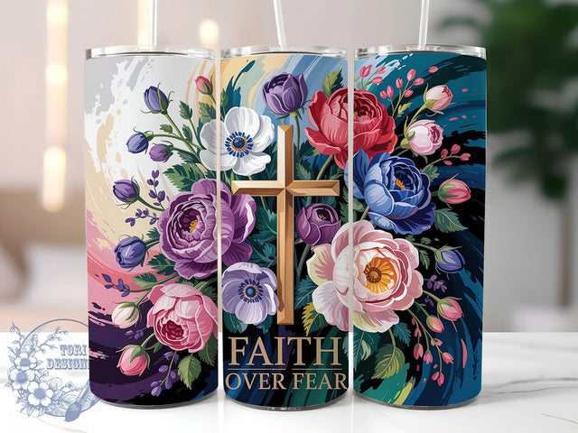 Faith Over Fear Floral 20oz Tumbler, Christian Cross, Floral Tumbler, 20oz Wrap, Sublimation Design, Religious Style, PNG File Sublimation ToriDesigns 
