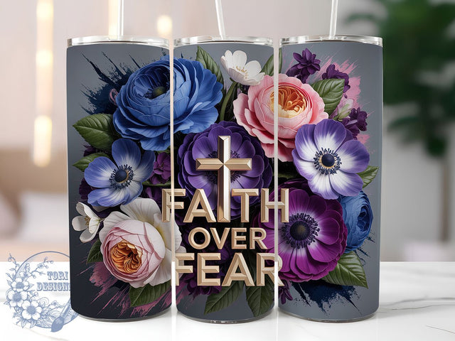 Faith Over Fear Floral 20oz Tumbler, Christian Cross, Floral Tumbler, 20oz Wrap, Sublimation Design, Religious Style, PNG File Sublimation ToriDesigns 