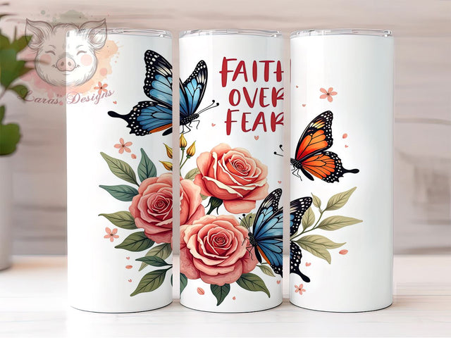Faith Over Fear Tumbler, Butterfly Floral Design, Christian Drinkware, 20oz Sublimation Wrap, Inspirational Gift, Nature and Faith Decor, Motivational Tumbler Sublimation Lara' s Designs 