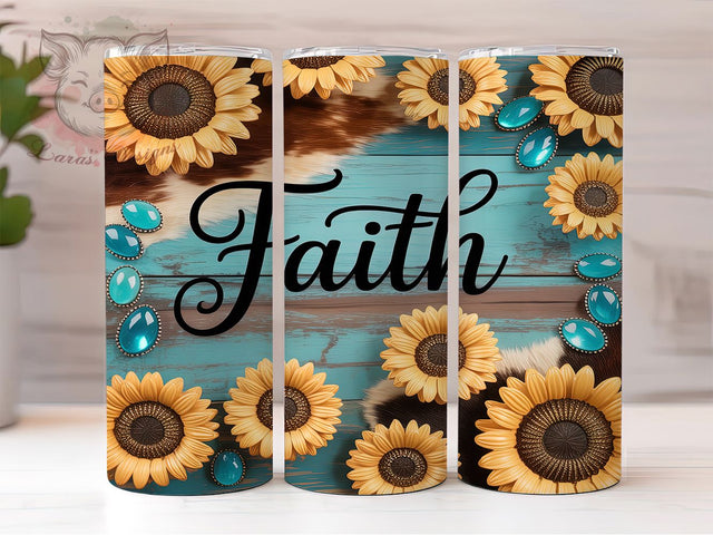 Faith Sunflower Western Tumbler, Sunflower Tumbler Wrap, Western Tumbler Design, Gemstone Tumbler, 20oz Skinny Tumbler, Rustic Tumbler Wrap, Inspirational Tumbler Sublimation Lara' s Designs 