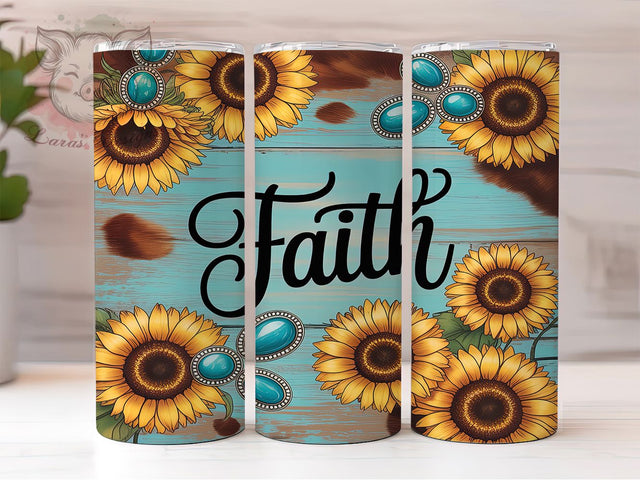 Faith Sunflower Western Tumbler, Sunflower Tumbler Wrap, Western Tumbler Design, Gemstone Tumbler, 20oz Skinny Tumbler, Rustic Tumbler Wrap, Inspirational Tumbler Sublimation Lara' s Designs 