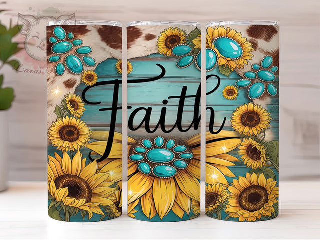 Faith Sunflower Western Tumbler, Sunflower Tumbler Wrap, Western Tumbler Design, Gemstone Tumbler, 20oz Skinny Tumbler, Rustic Tumbler Wrap, Inspirational Tumbler Sublimation Lara' s Designs 