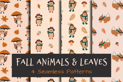 Fall Animals & Leaves Seamless Patterns JPG EPS SVG Rin Green 
