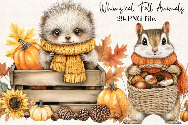 Fall Animals Whimsical Clipart Bundle. Sublimation SVGArt 