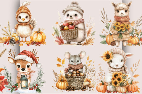 Fall Animals Whimsical Clipart Bundle. Sublimation SVGArt 