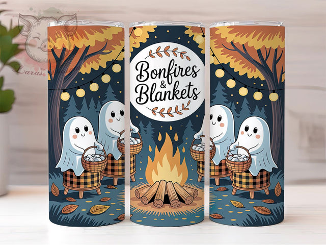 Fall Camping Ghost Bonfire Cozy Tumbler, Ghost Tumbler, Bonfire Nights, Cozy Blankets, Autumn Wrap, Sublimation Design, 20Oz Cup Sublimation Lara' s Designs 