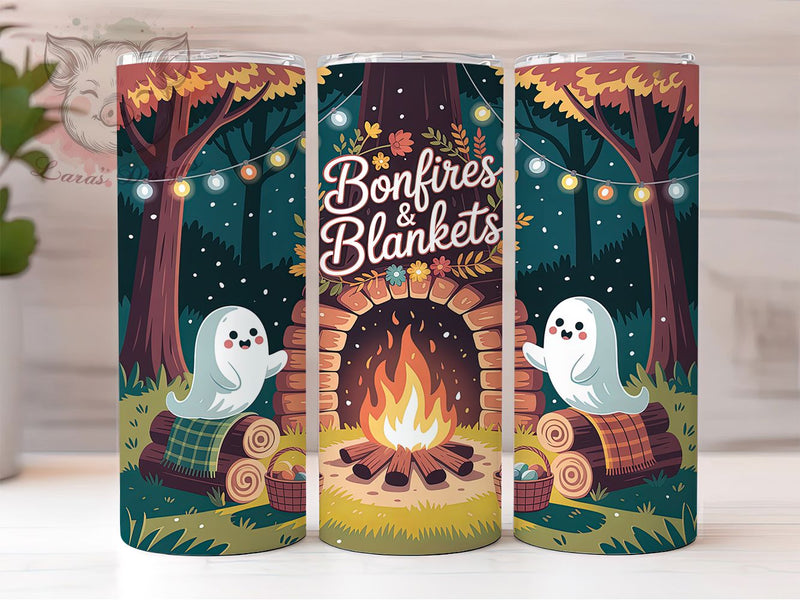 Fall Camping Ghost Bonfire Cozy Tumbler, Ghost Tumbler, Bonfire Nights, Cozy Blankets, Autumn Wrap, Sublimation Design, 20Oz Cup Sublimation Lara' s Designs 
