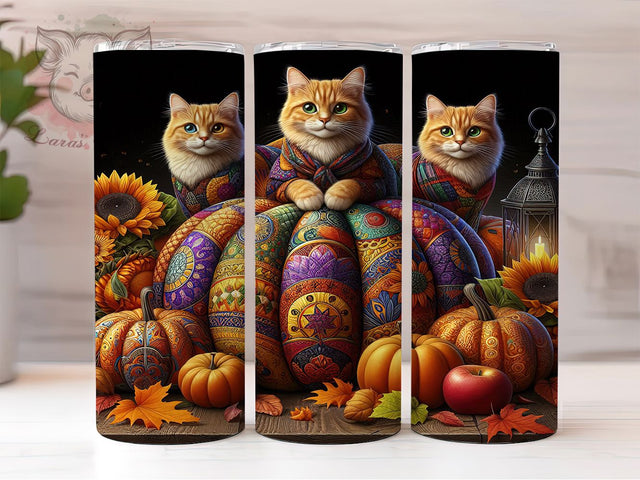 Fall Cat Pumpkin Cozy Autumn Tumbler, Pumpkin Kitty, Autumn Cats, Cozy Wrap, Rustic Design, Sublimation Cup, 20Oz Tumbler Sublimation Lara' s Designs 