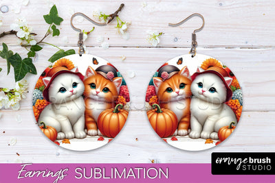 Fall Cat Round Earrings -Thanksgiving Earring Sublimation Sublimation OrangeBrushStudio 